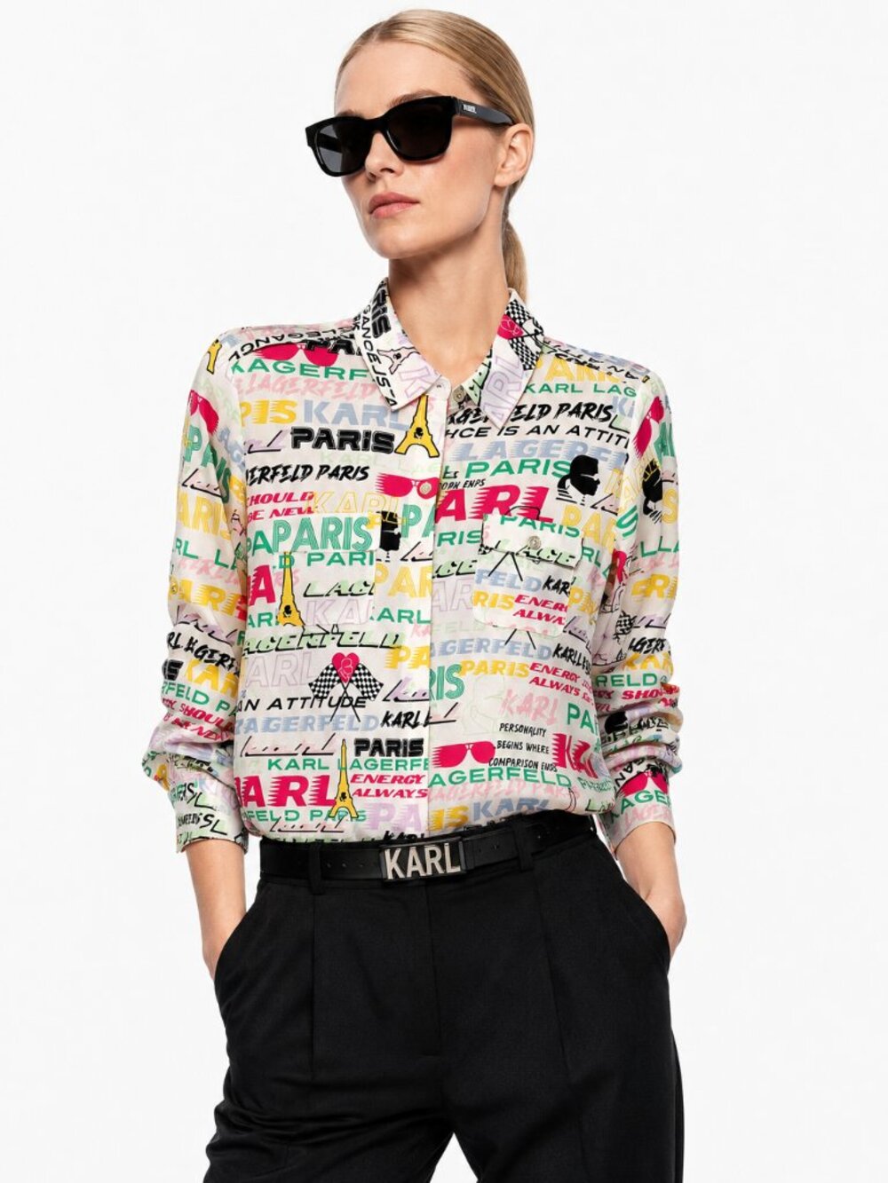Karl Lagerfeld Paris All Over Logo Print Button Down Shirt Paris Eiffel Multi